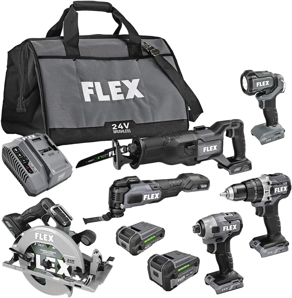 FLEX 24V 6-Tool Combo Kit with Hammer Drill, Impact Driver, Circular Saw, Multi-Tool, Reciprocating Saw, Work Light plus 5' Angle Grinder with 2 Batteries, Charger