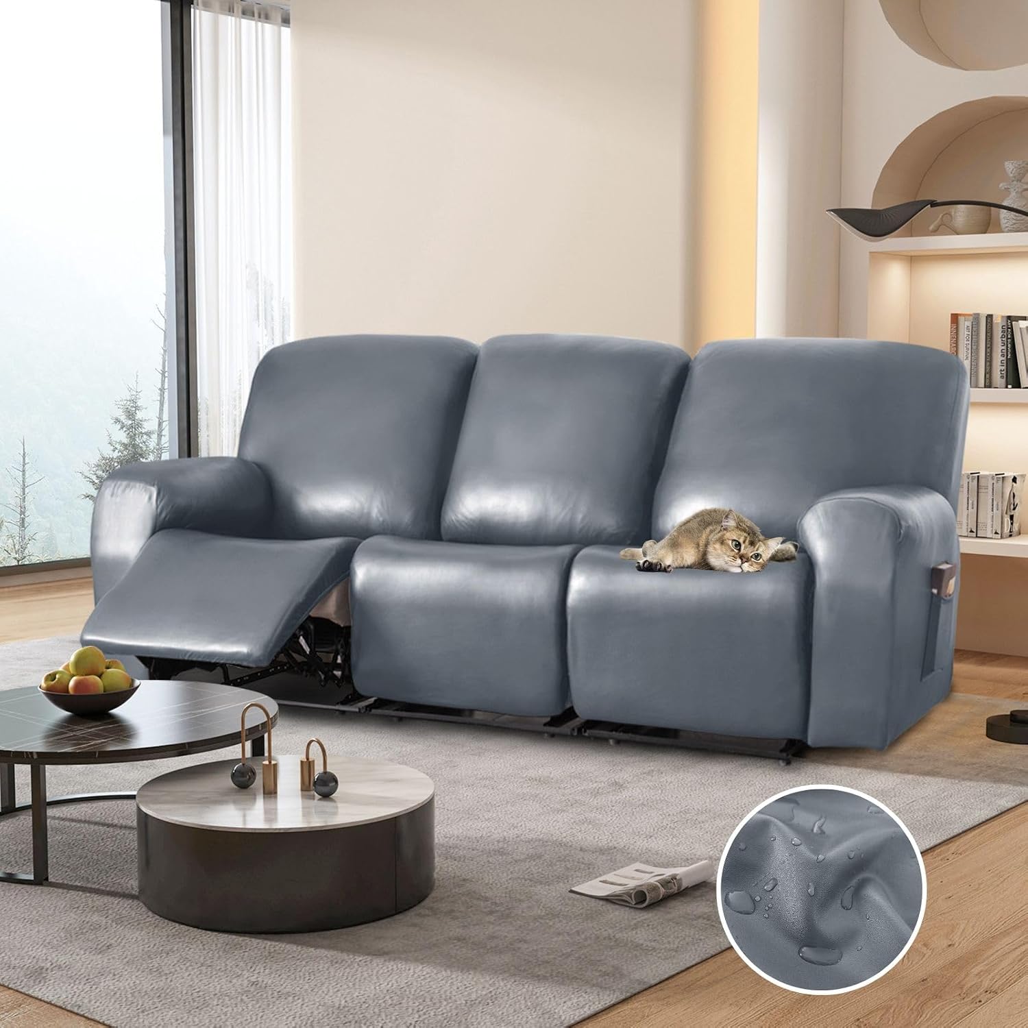 100% Waterproof PU Leather Sofa Slipcovers 8-Pieces Stretch Reclining Couch Covers for 2 Seat Anti-Slip Elastic Strap Furniture Protector for Kids, Pets (Grey, 3 Seater)