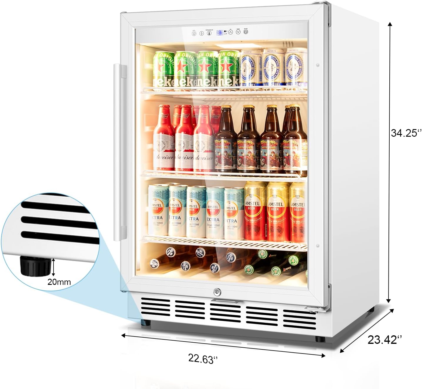Velivi Beverage Refrigerator, 4.9 Cubic Feet Undercounter/Freestanding 24 Inch Beverage Fridge with Glass Door, LED Light, Safety Lock, Touch Control, Low Noise (White)