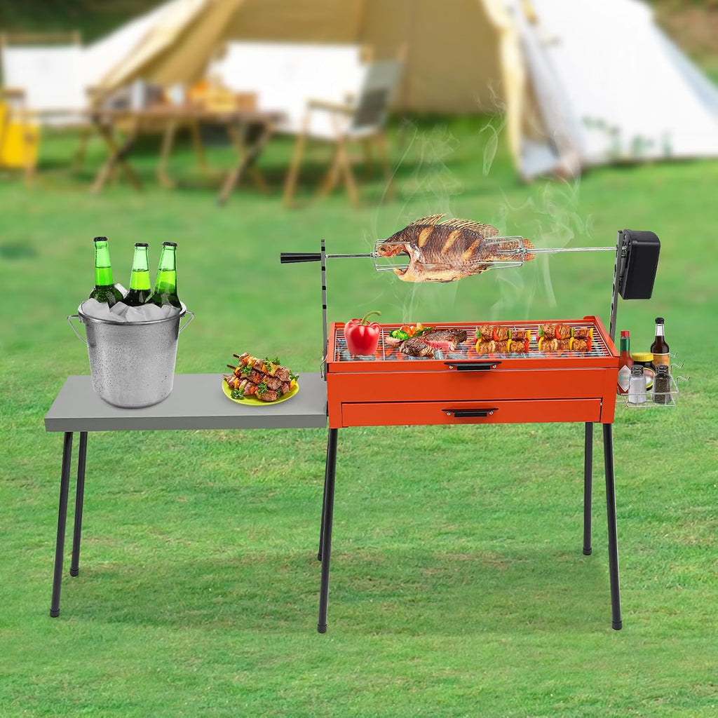 DYRABREST Portable Charcoal Grill Adjustable Height Multi-Functional Barbecue Grill Set with Detachable Table for Camping, Backyard BBQ, and Outdoor Parties, 27.95x11.02in Grilling Area