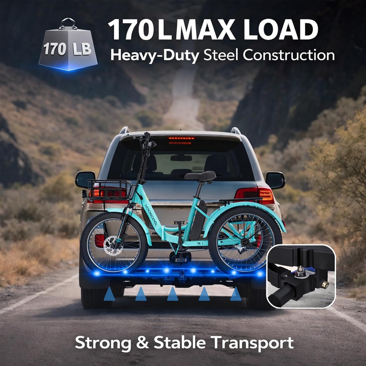 MOPHOTO Heavy-Duty Folding Trike Rack for Adult Tricycles, 170 lbs Hitch Mount Carrier, Fits 5' Fat Tires & 42.1'–59' Wheelbase, Rear Trike Rack with 2' Receiver for Cars, Trucks, SUVs, RVs