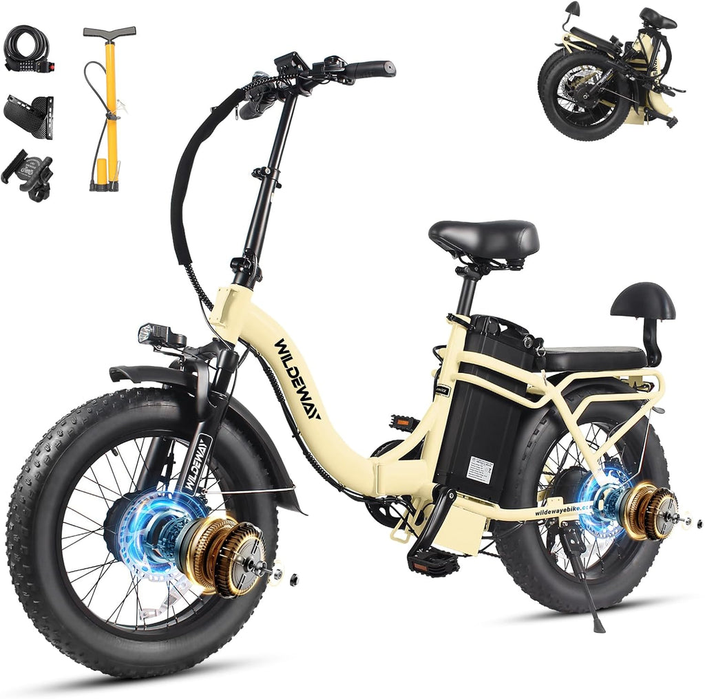 Wildeway Folding Electric Bike for Adults,2000W Dual Motor Ebike 20x4.0 Fat Tire All-Terrain 28MPH,48V 32Ah Removable Battery,7-Speed,Dual Hydraulic Disc Brake,City Commuting Delivery Bicycle