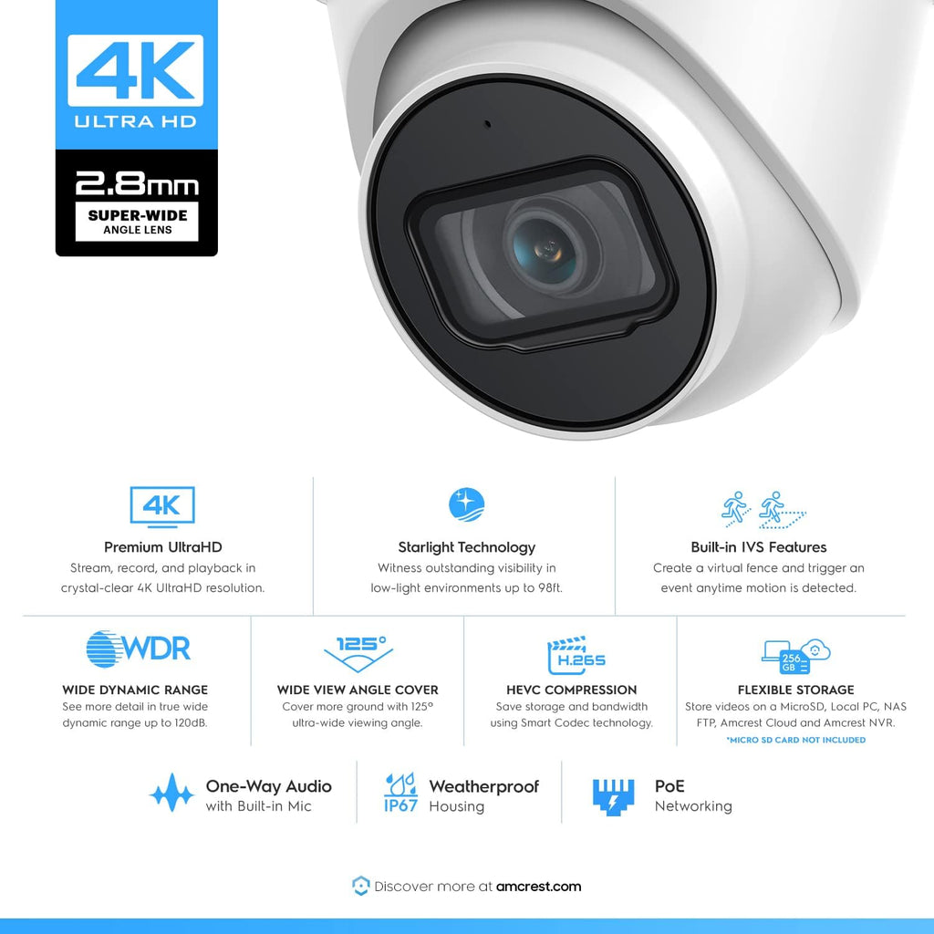 Amcrest 4K POE Security Camera System with 4K 8Ch PoE NVR (4) x 8 Megapixel Turret IP POE Cameras (3840x2160) Pre Installed 2TB Hard Drive NV4108E-IP8M-T2599EW4-2TB
