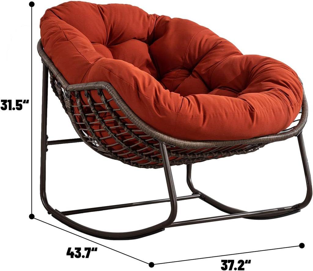 Rattan Rocking Chair for Indoor Outdoor Patio Oversized Wicker Egg Chair with Steel Frame Olefin Padded Cushion Rocker Recliner Chair, Comfy Lounger Papasan Chair for Living Room Porch Garden, Orange