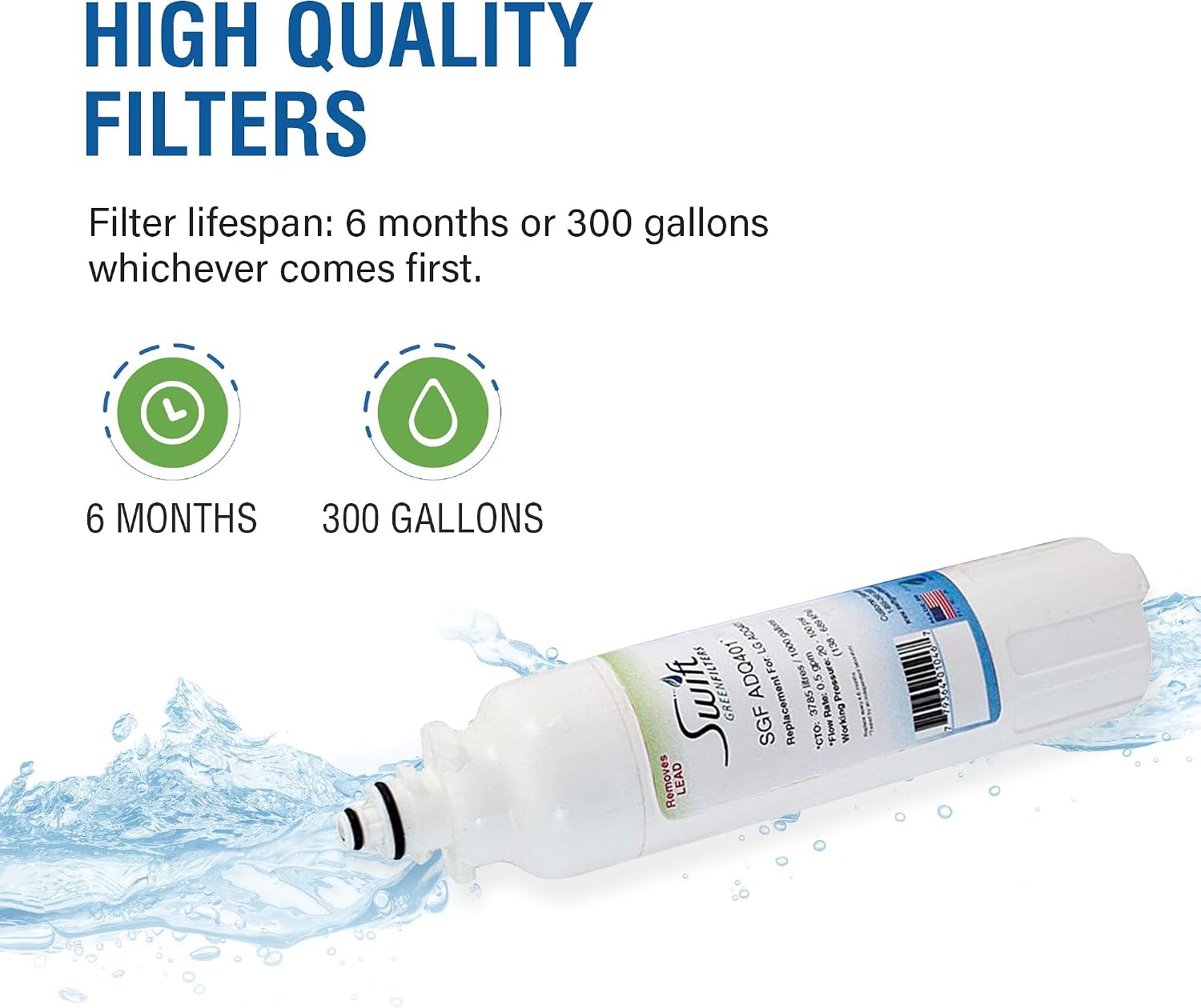 Swift Green Filters SGF-ADQ401 Compatible Refrigerator Water Filter for LG LT800P, ADQ73613401, Made in USA (6 Pack)