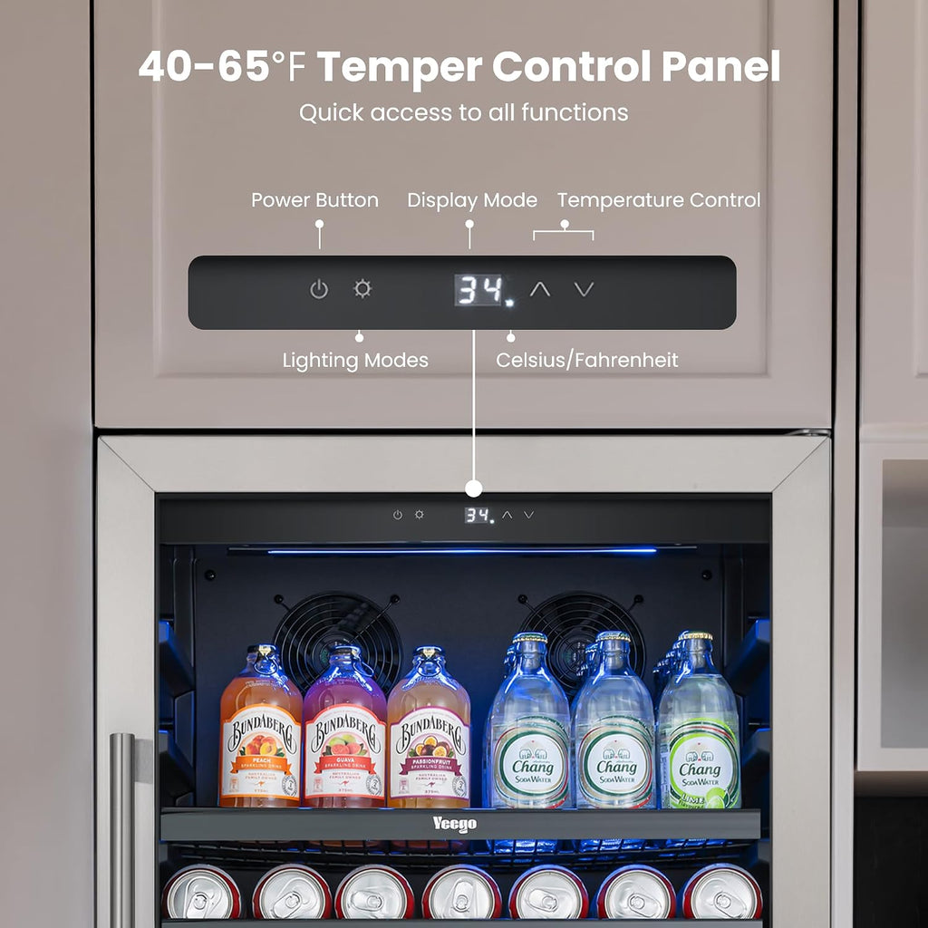 Yeego 24 Inch Beverage Refrigerator, 238 Can Built-In Beverage Cooler with Glass Door & Door Lock, Freestanding Drink Fridge with Digital Temperature Control for Soda, Beer & Wine, Kitchen or Home Bar