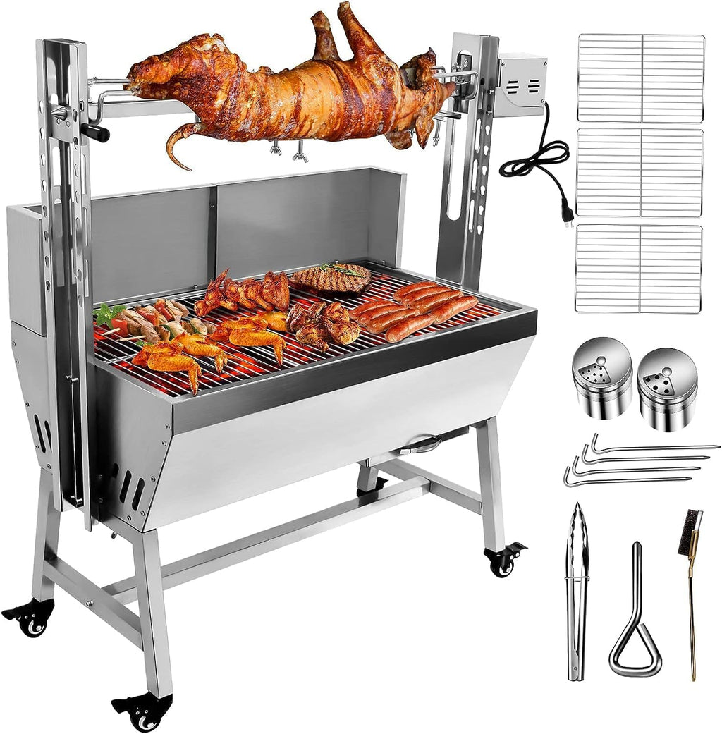 Stainless Steel Rotisserie Grill with Back Cover Guard, 25W Motor Small Pig Whole Lamb Rotisserie Roaster, 37' 132LBS BBQ Charcoal Rotisserie Roaster Grill for Camping Outdoor Kitchen