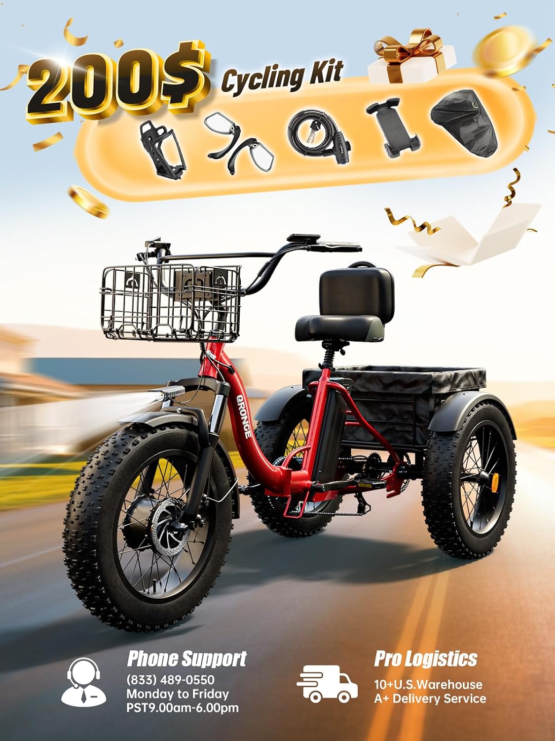QRONGE Electric Tricycle for Adults 960W Peak, 36V 15AH Battery Ebike 50 Miles Range with Large Rear Basket, Electric Trike 20'*4' Fat Tire, Max 20MPH 3 Wheel Folding Electric Trike for Adults(Lava)
