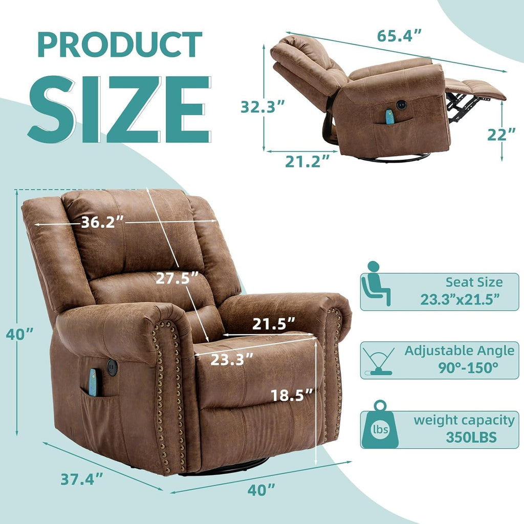 MEETWARM Oversized Swivel Rocker Recliner Chair with Heat and Massage, Manual Glider Rocking Recliner Chair, 360°Swivel Nursery Reclining Sofa with Remote Control/USB Ports for Living Room(Brown)