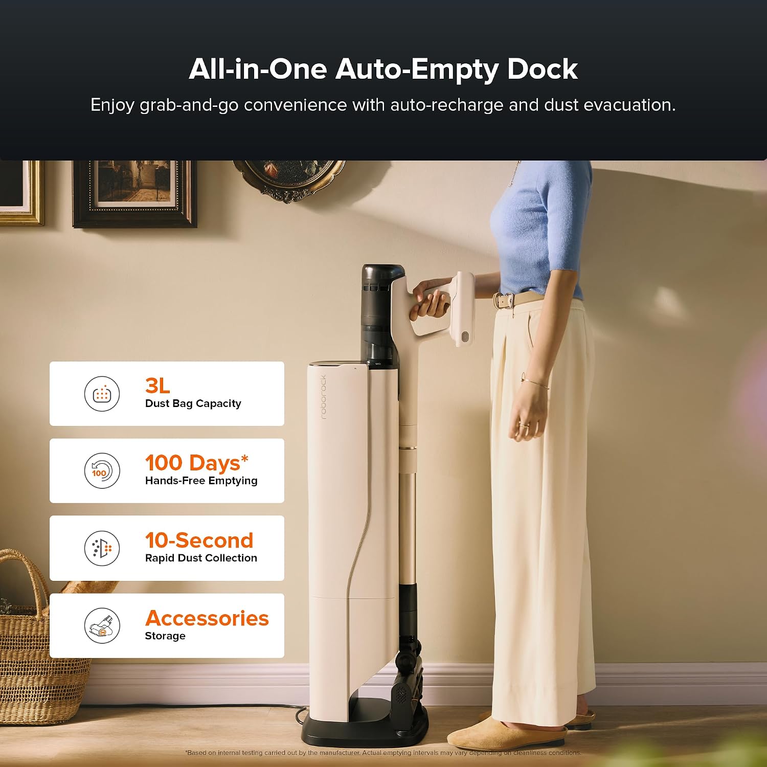 roborock H60 Hub Pro Cordless Stick Vacuum Cleaner with Auto-Empty Dock, 170AW Suction for Carpets and Pet Hair, Vacuum Cleaners with 80-Min Runtime, Anti-Tangle Brush, 140° Green LED Dust Detection