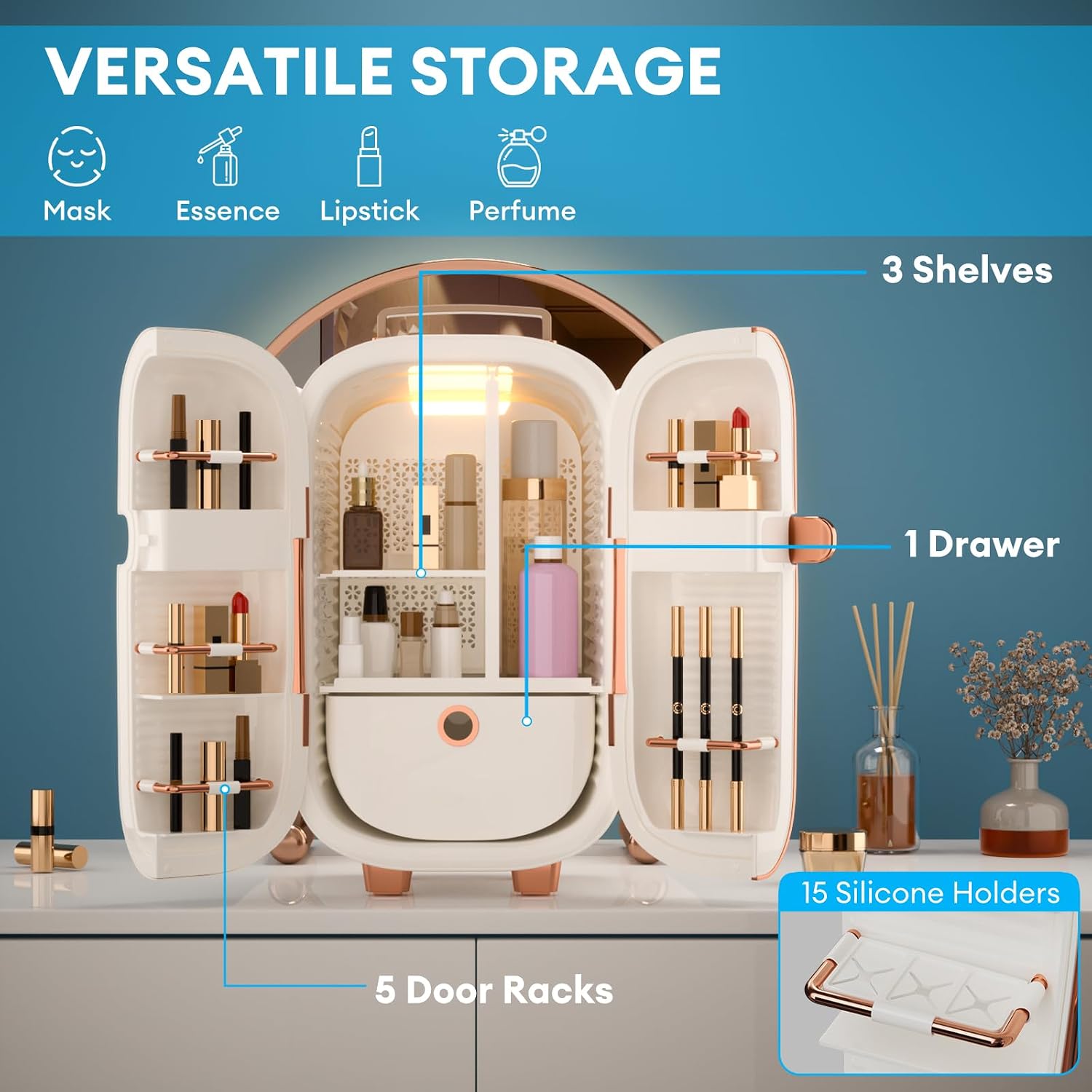 Portable Skincare Fridge, 3 Operating Modes with 360° Cycle Drying Mini Fridge, With 5 Door Racks, Low noice, Ideal for Makeup, Cosmetic Beauty, Skin Care