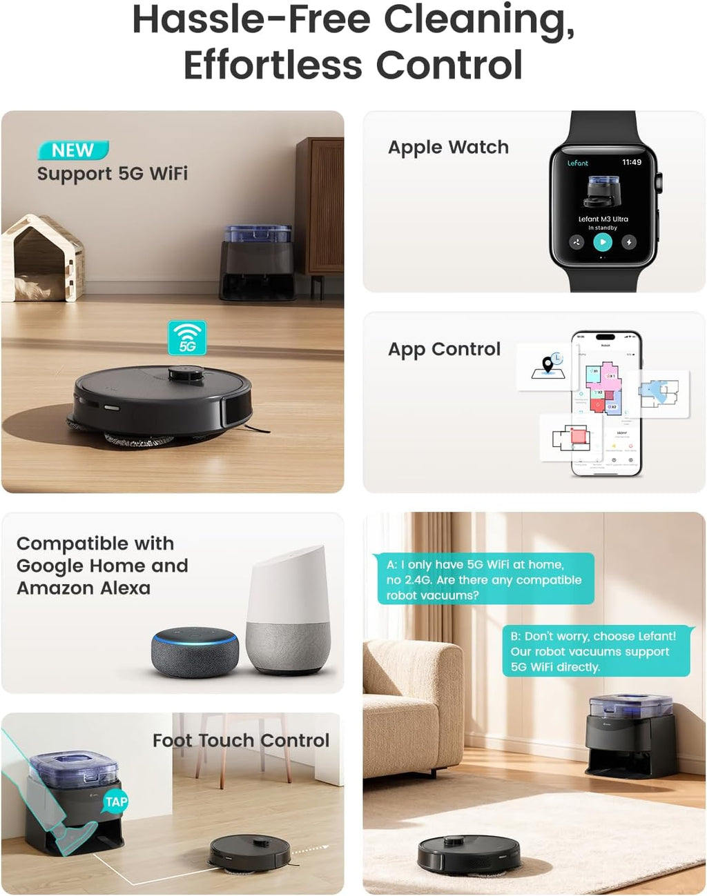 Lefant Robot Vacuum and Mop, 22,000Pa Suction,All-in-One, 90-Day Self-Emptying, Obstacle Avoidance, Auto Mop Washing&Drying, for Pet Hair Carpet, 5G WiFi Alexa/APP/iWatch Control, M3 Ultra