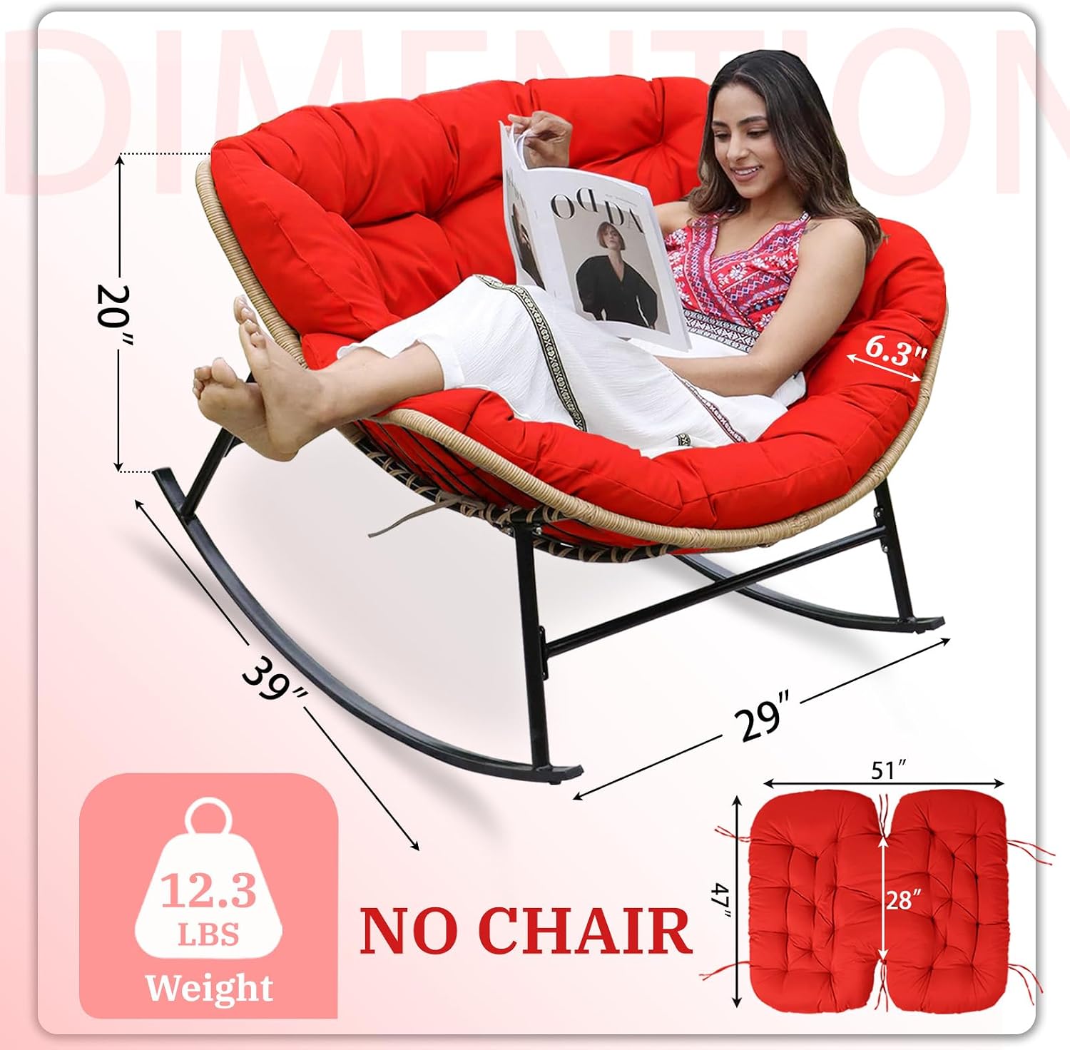 Outdoor Rocking Chair Cushions 6.3' Thick, Only Cushion, Waterproof, Fade-Resistant, Patio Egg Lounge Chair Cushion with 6 Straps, Indoor Papasan Chair Cushion (Red)
