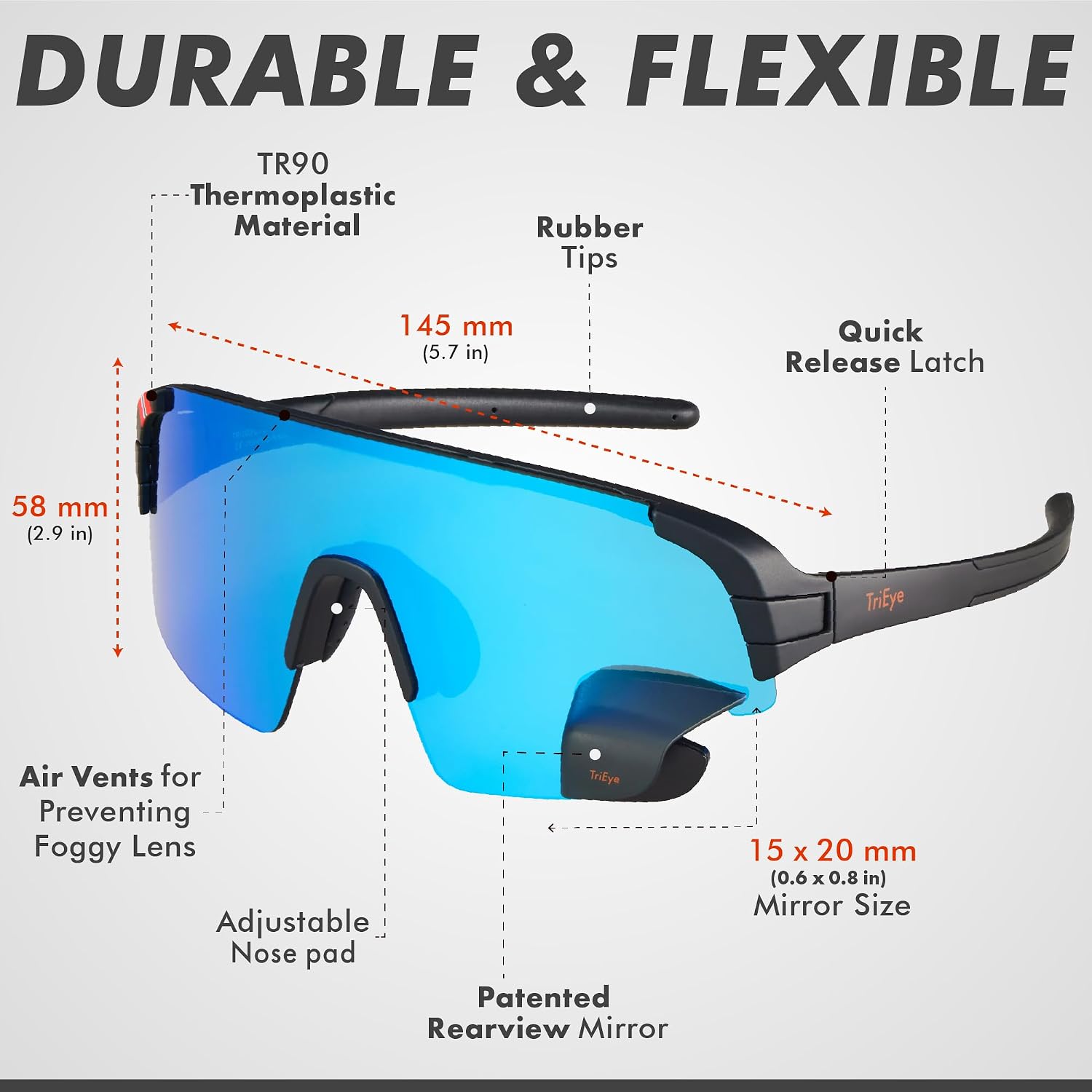 TriEye Cycling Glasses with Rear-view Mirror - Sports Sunglasses for Men & Women - UV-400 Protection