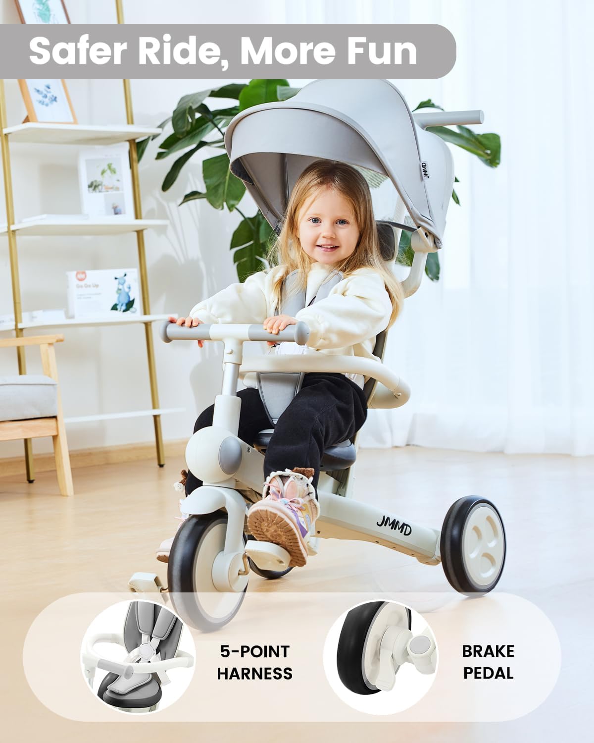 JMMD Baby Tricycle, 7-in-1 Multifunctional Kids Trike with Adjustable Parent Handle, Safety Harness & Wheel Brakes, Removable Canopy, Stroll Trike for Boys & Girls Ages 18 Months-5 Years, Gray