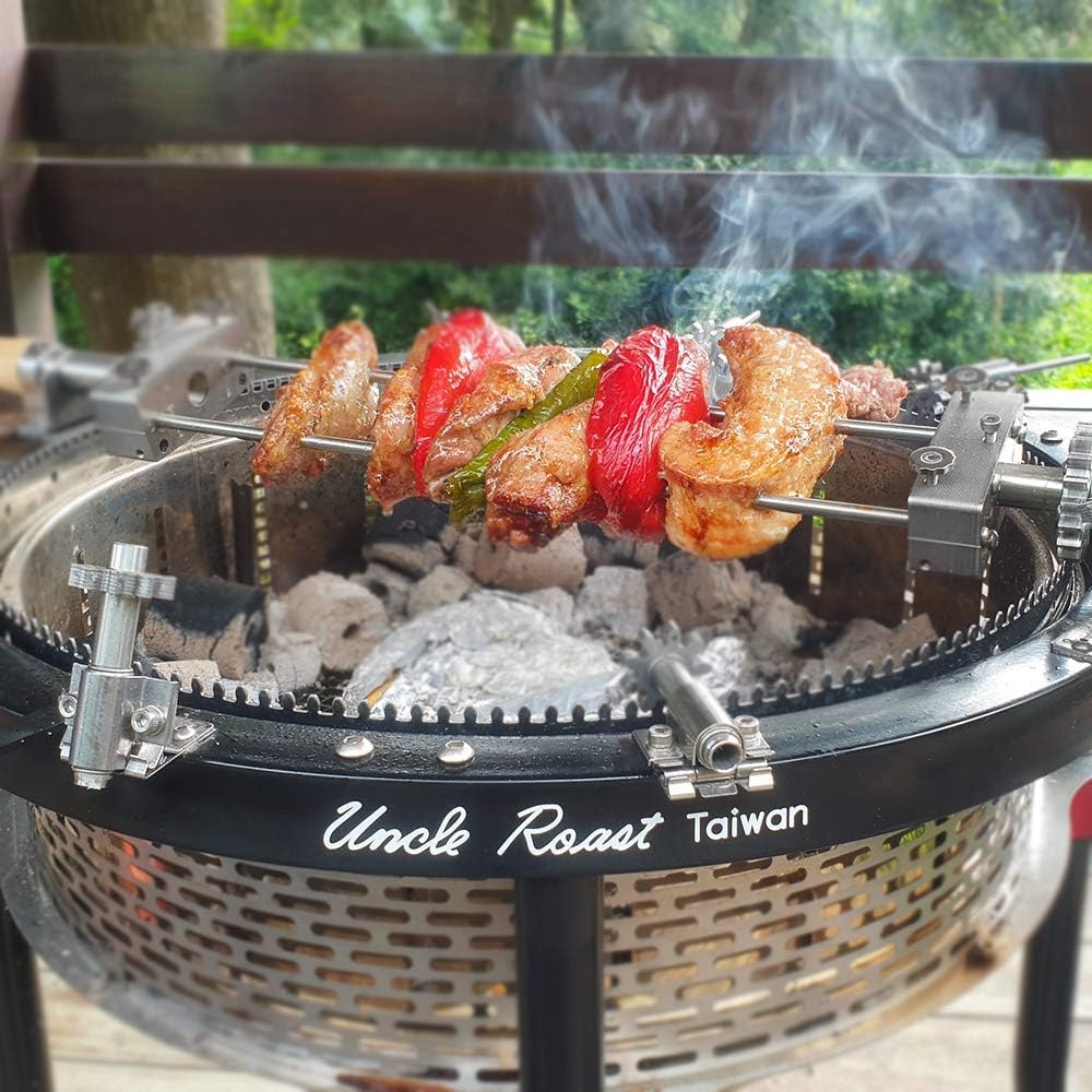 Portable Charcoal BBQ Grill &Tool Kits, Stainless Steel, 360-Degree Automatic Rotating for Outdoor Cooking, Camping, Picnic, Patio, Backyard, with Roaster Drum, Grill Net, Forks included
