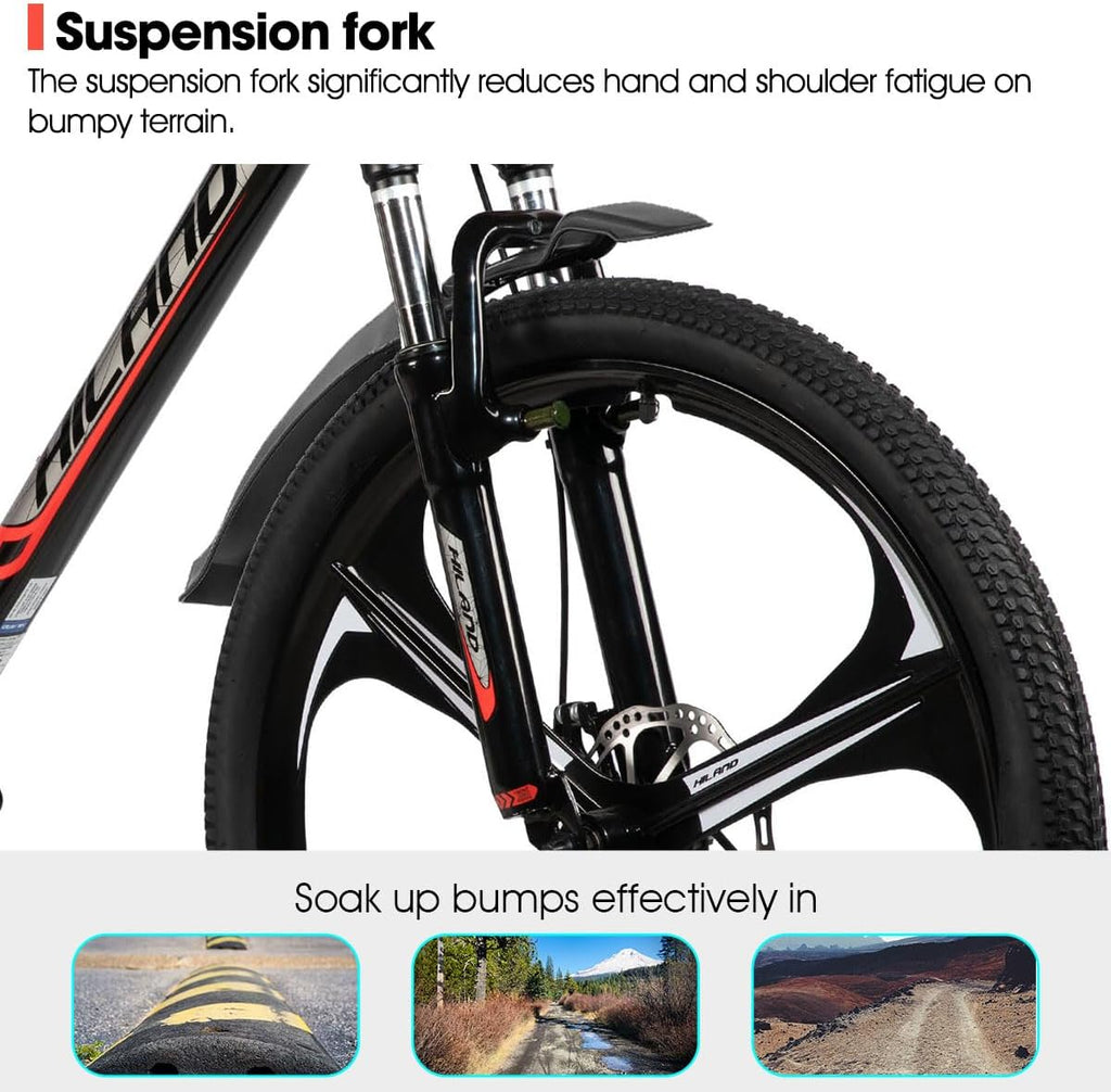 HILAND 26' MTB Mountain Bike for Men Women Adults, 18-Speed, Disc Brake, Lightweight Aluminum Frame, 3/6 Spoke Wheel
