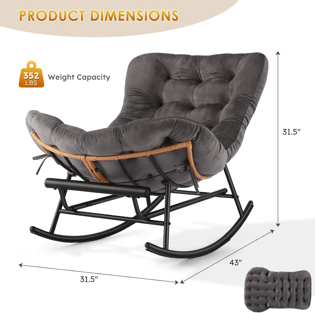 Takywep Rocking Chair - Oversized Outdoor Rocking Chairs with Footrest, Indoor Papasan Rocker Egg Chair for Bedroom, Living Room, Porch, Garden, Lawn (Dark Grey-Flannel)