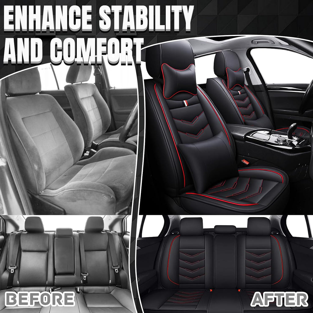 Car Seat Covers Fit for Hyundai Santa Fe 2003-2026, Leather Seat Covers for Car, Waterproof Non-Slip Durable Car Seat Protector(5 Seats with Pillow,Black Red)