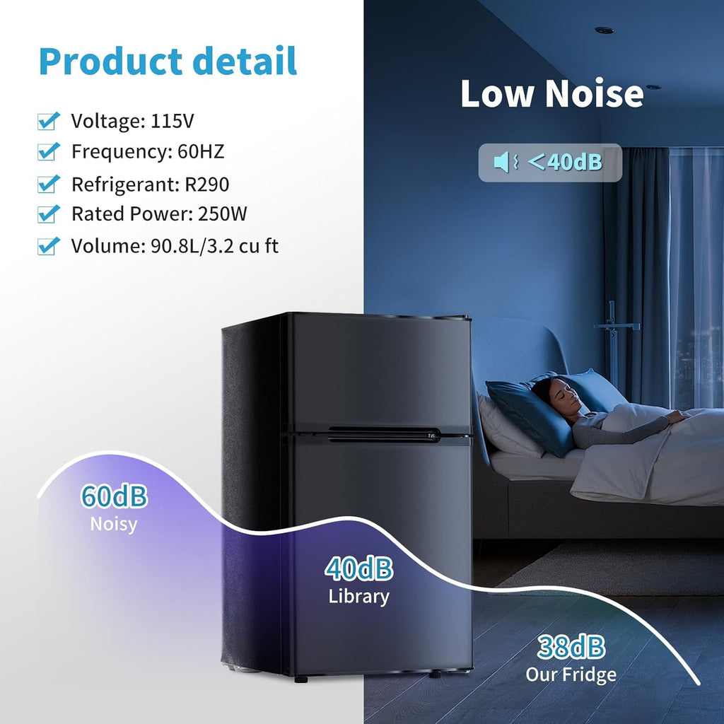 Erivess 2 Door Mini Fridge with Freezer, 3.2 Cu.Ft Refrigerator and Freezer, Adjustable Thermostat, Energy Saving, Low Noise, Small Refrigerator for Bedroom, Dorm, Office