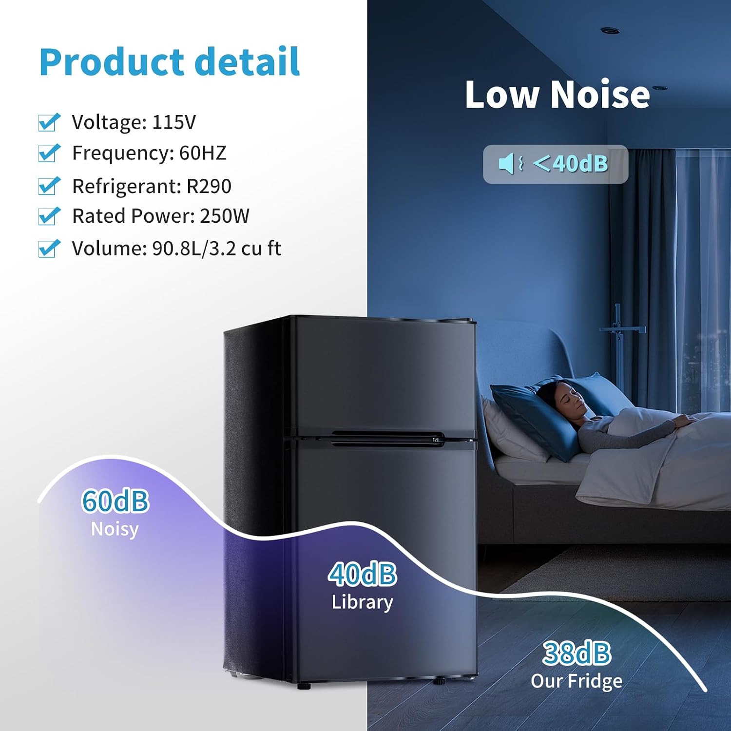 Erivess 2 Door Mini Fridge with Freezer, 3.2 Cu.Ft Refrigerator and Freezer, Adjustable Thermostat, Energy Saving, Low Noise, Small Refrigerator for Bedroom, Dorm, Office
