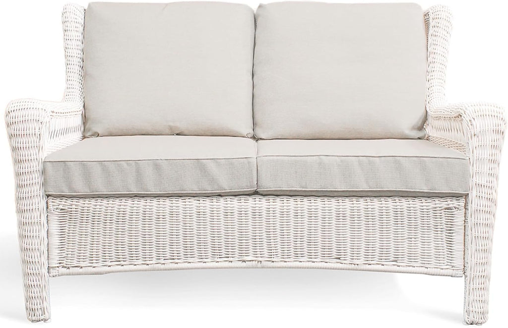 Park Meadow Outdoor Wicker Loveseat Sofa with Waterproof Cushions, All-Weather HDPE Rattan Patio Sofa, Taupe Beige | Breathable Cover, High Density Cushion, Durable HDPE Wicker