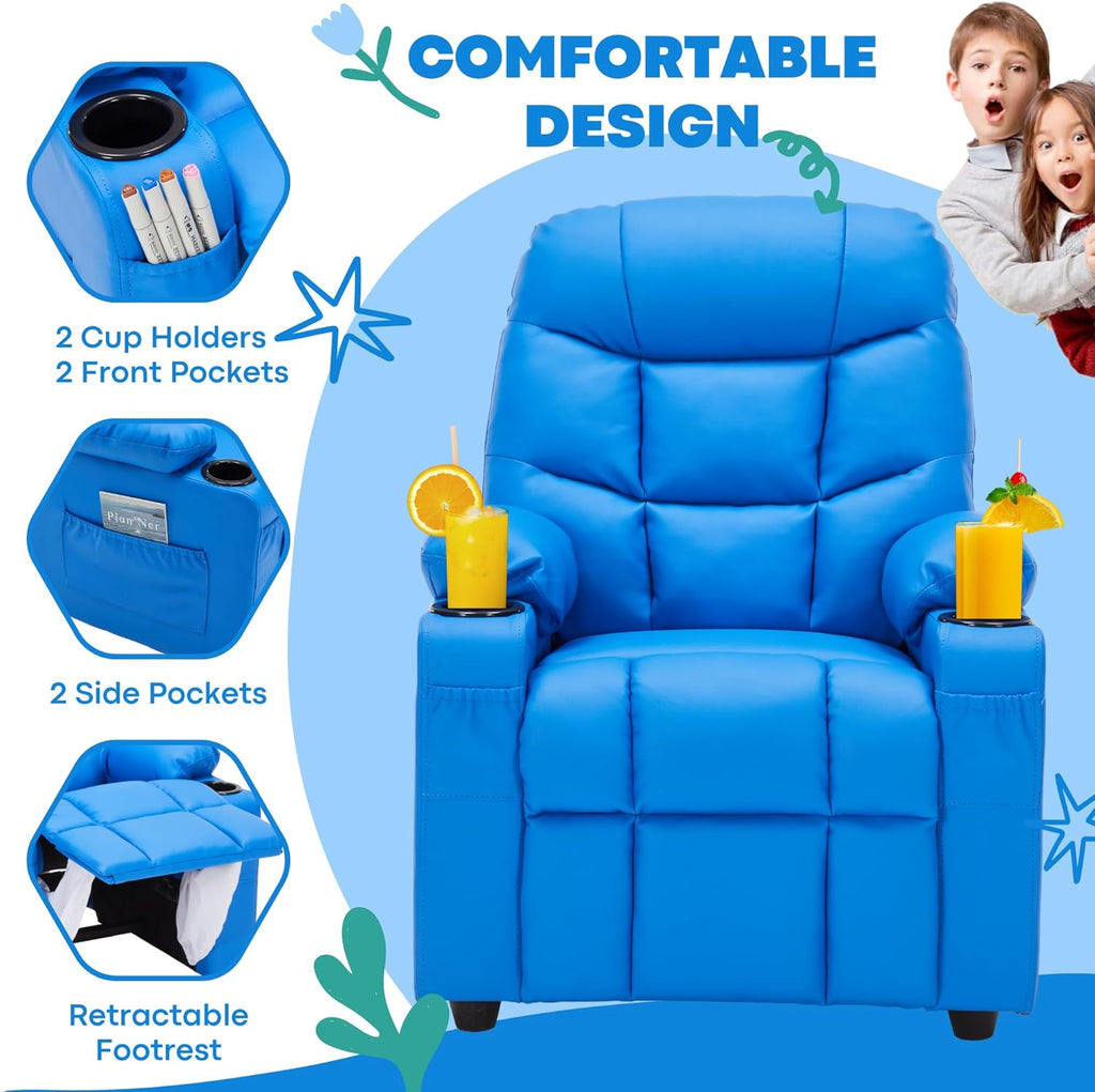 Donut Larger Kids Reclining Chair PU Leather Recliner Sofa Push Back Lounge Children Toddler Boys Girls Ages 3-12 with Dual Cup Holders and 4 Pockets