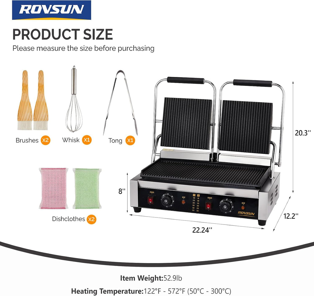 ROVSUN 813 Commercial Panini Press Grill, 3600W Stainless Steel Electric Countertop Sandwich Maker with Adjustable Temp 122°F–572°F, For Steak, Burgers, Home & Restaurant Use, 110V, Silver