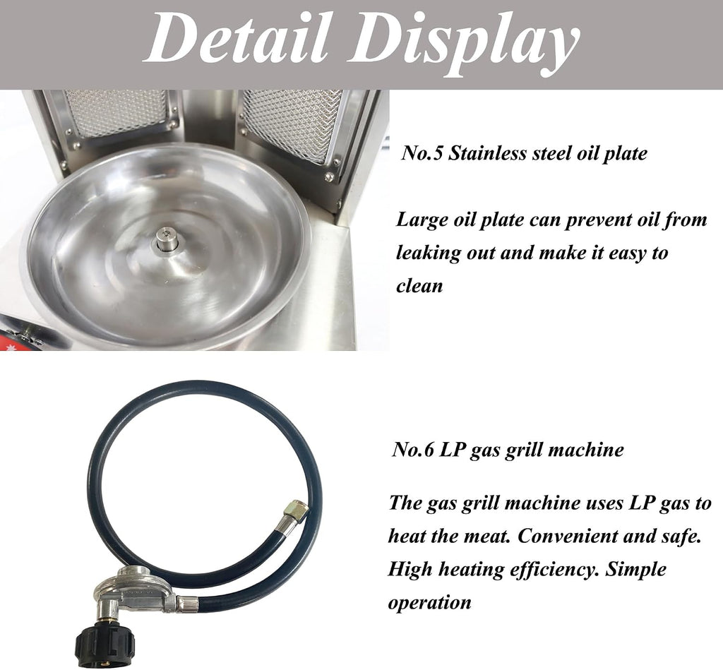 Gas Grill Machine Vertical Kebab Gyro Griller Stainless Steel Grill Rotating Oven with 2pcs Burners Temperature Controllable 110V Meat Roasting Machine for Commercial and Home Use