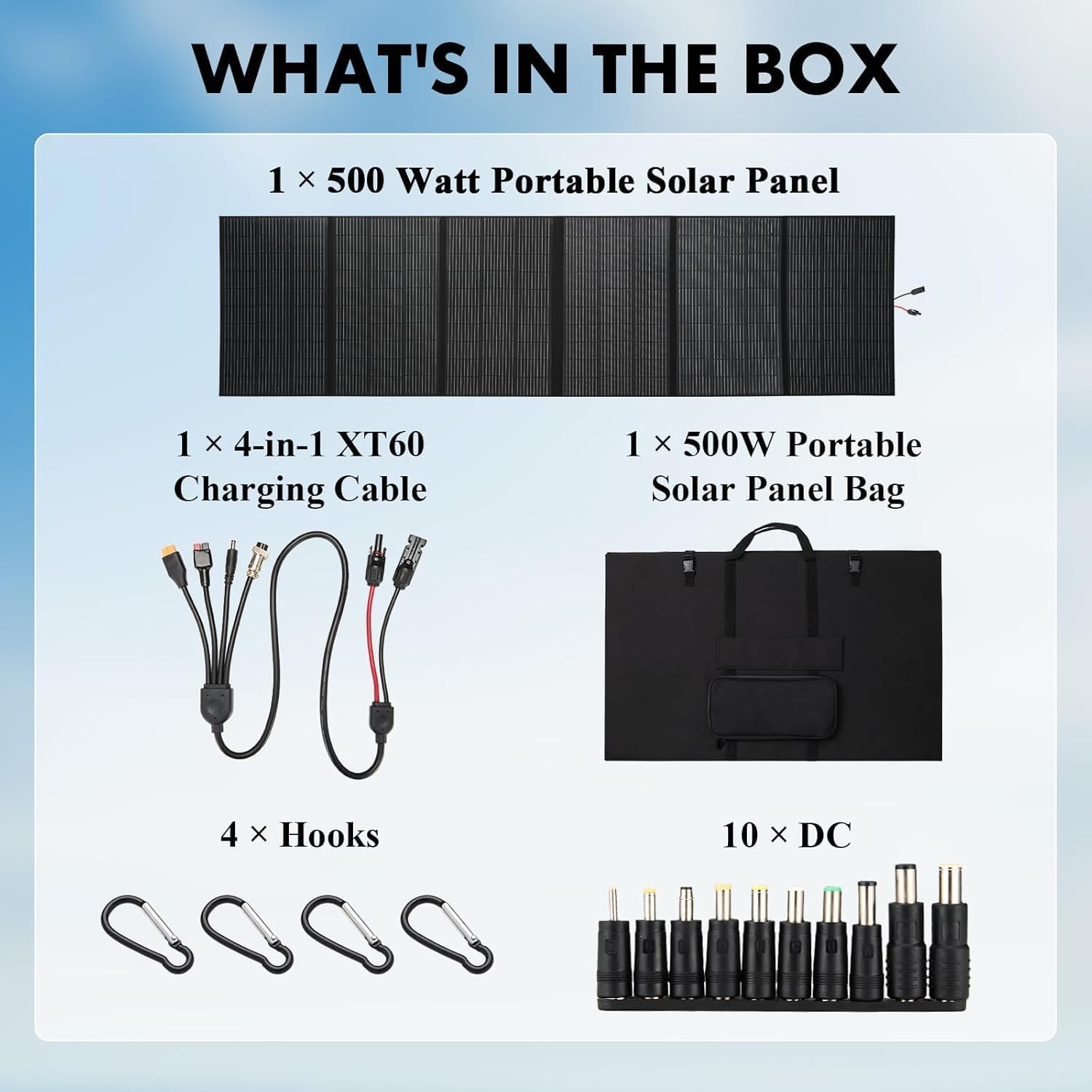 500W Portable Solar Panel for Power Station, 48V Foldable Solar Power Panels 25% High Efficiency IP68 Waterproof with 10ft 4-in-1 Cable and 10×DC Adapter, Folding Solar Panels Blanket for Camping RV