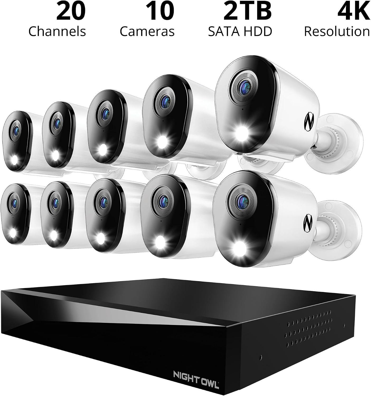 Night Owl 2-Way Audio 20 Channel DVR Video Home Security Camera System with (10) Wired 4K HD Indoor/Outdoor Deterrence Cameras and 2TB Hard Drive (Add up to 4 Wi-Fi Cameras) (10 Camera)