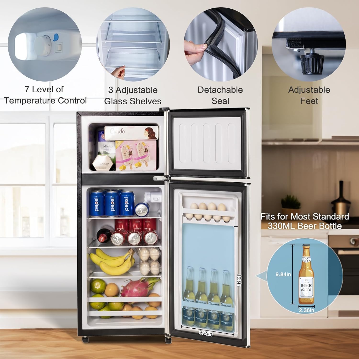 Anukis Compact Refrigerator 3.8 Cu Ft 2 Door Mini Fridge with Freezer For Apartment, Dorm, Office, Family, Basement, Garage