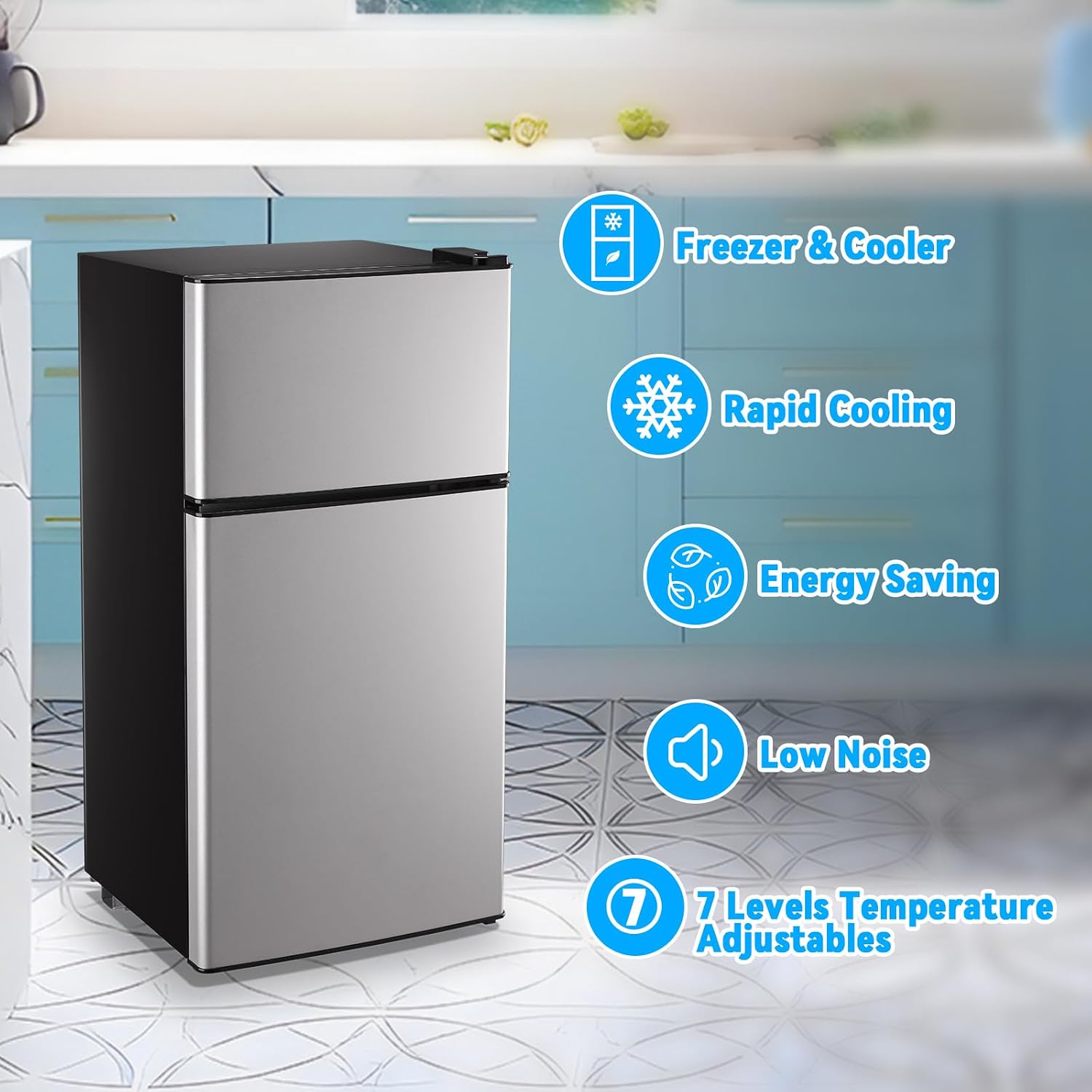 Mini Fridge with Freezer 2.4 Cu.ft Mini Refrigerator Double Doors Dorm Fridge Compact 7 Modes Temp Suit for Apartment Bedroom Office Silver