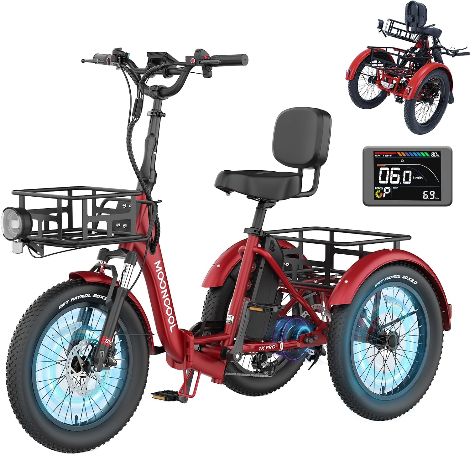 MOONCOOL Electric Trike for Adults, 500W/750W 48V Electric Tricycle for Adults, 20'x3.0' Fat Tire 3 Wheel Electric Bike, Folding Aluminum Adult Tricycle with Removable Battery