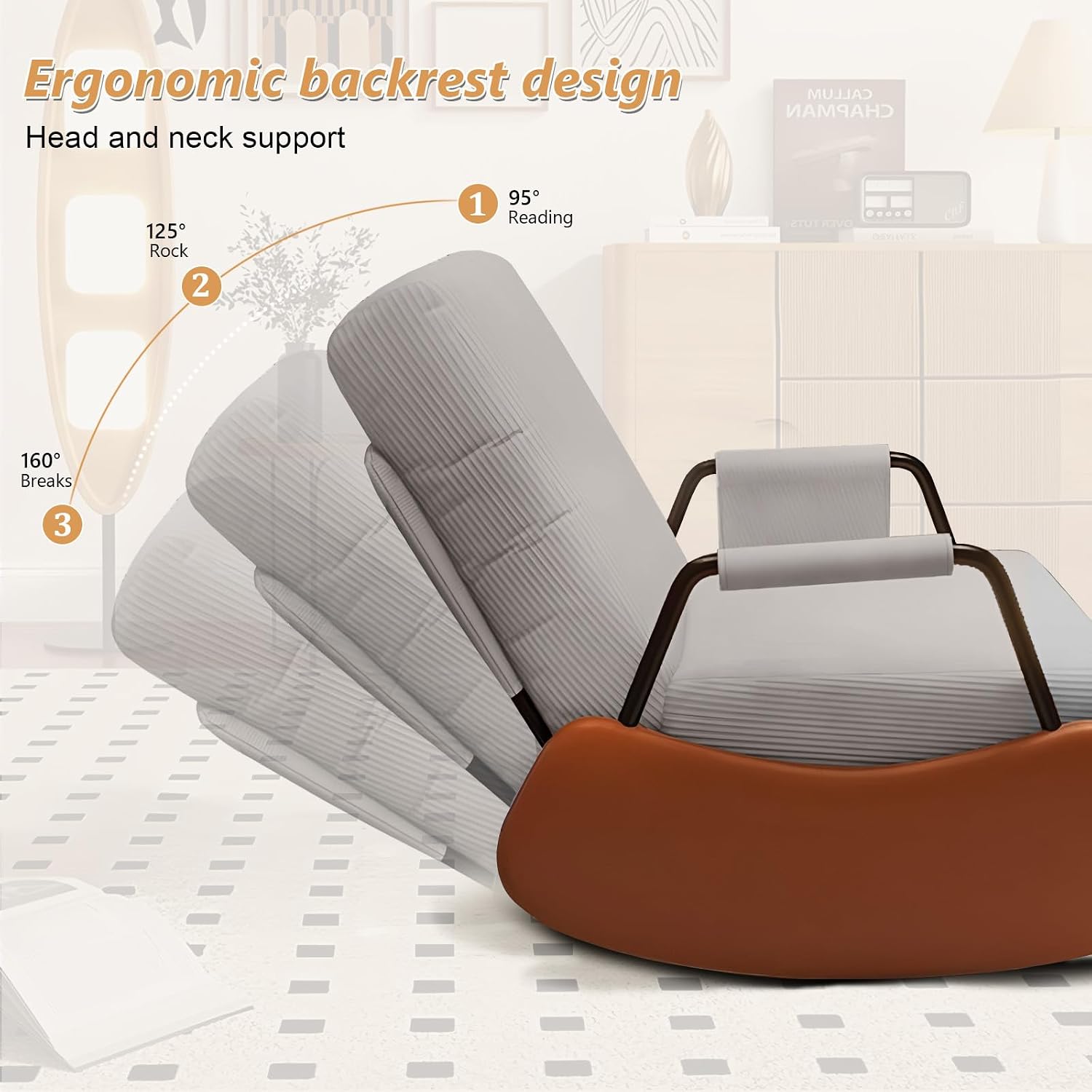 JPBSTO Rocking Chair Nursery, Upholstered Glider Rocking Chair with Side Pocket and Adjustable High Backrest, Foldable Rocker Recliner with Footrest Perfect for Living Room Bedroom, Grey