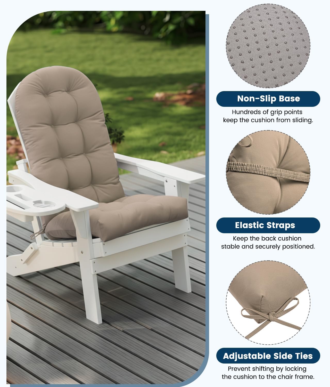 FOOWIN Adirondack Chair Cushion Set of 4, Thickened Rocking Chair Cushion,48.5×20.8×5.1 Inches,High Back Patio Cushions with Ties, Waterproof & UV-Protected, for Indoor and Outdoor,Khaki