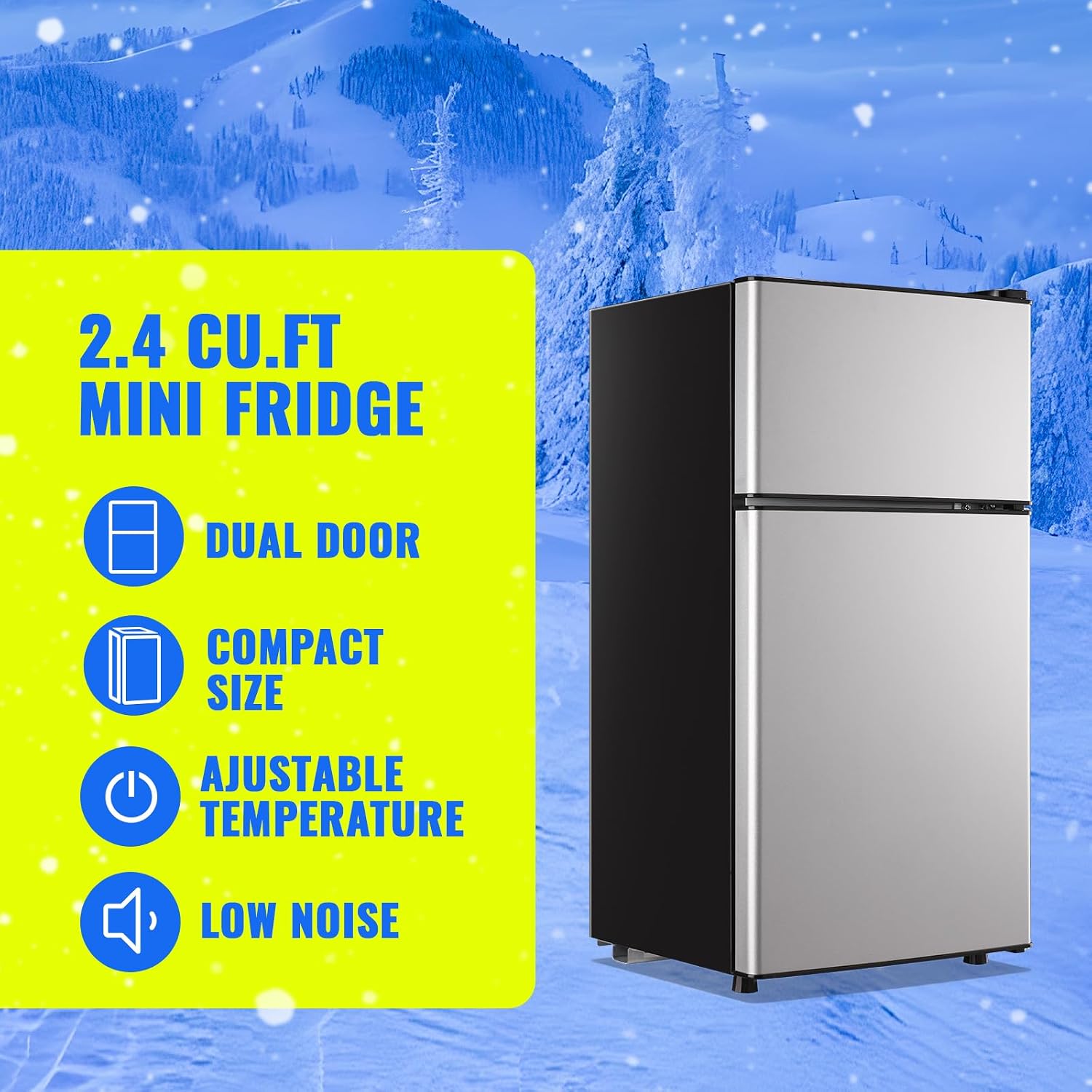 Small Fridge with Freezer Small Refrigerator 2.4 Cu.ft Fridge Dual Door Apartment Size for Personal Senven Temp Gear Silver