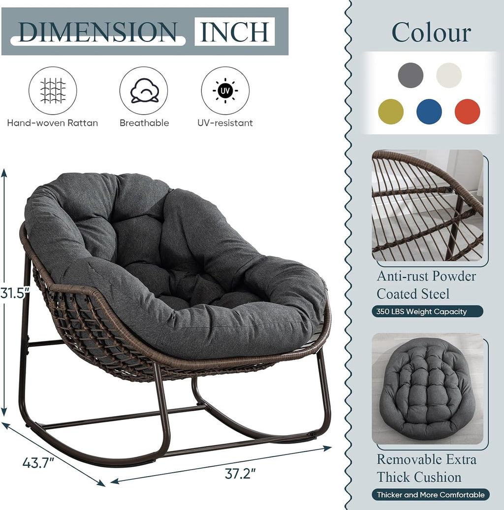 Outdoor Rocking Chair, Patio Oversized Wicker Egg Rocking Chair, Indoor & Outdoor Comfy Rocker Chair with Thick Cushion, Modern Lounge Chair for Balcony, Front Porch, Garden, Backyard, Deck, Grey