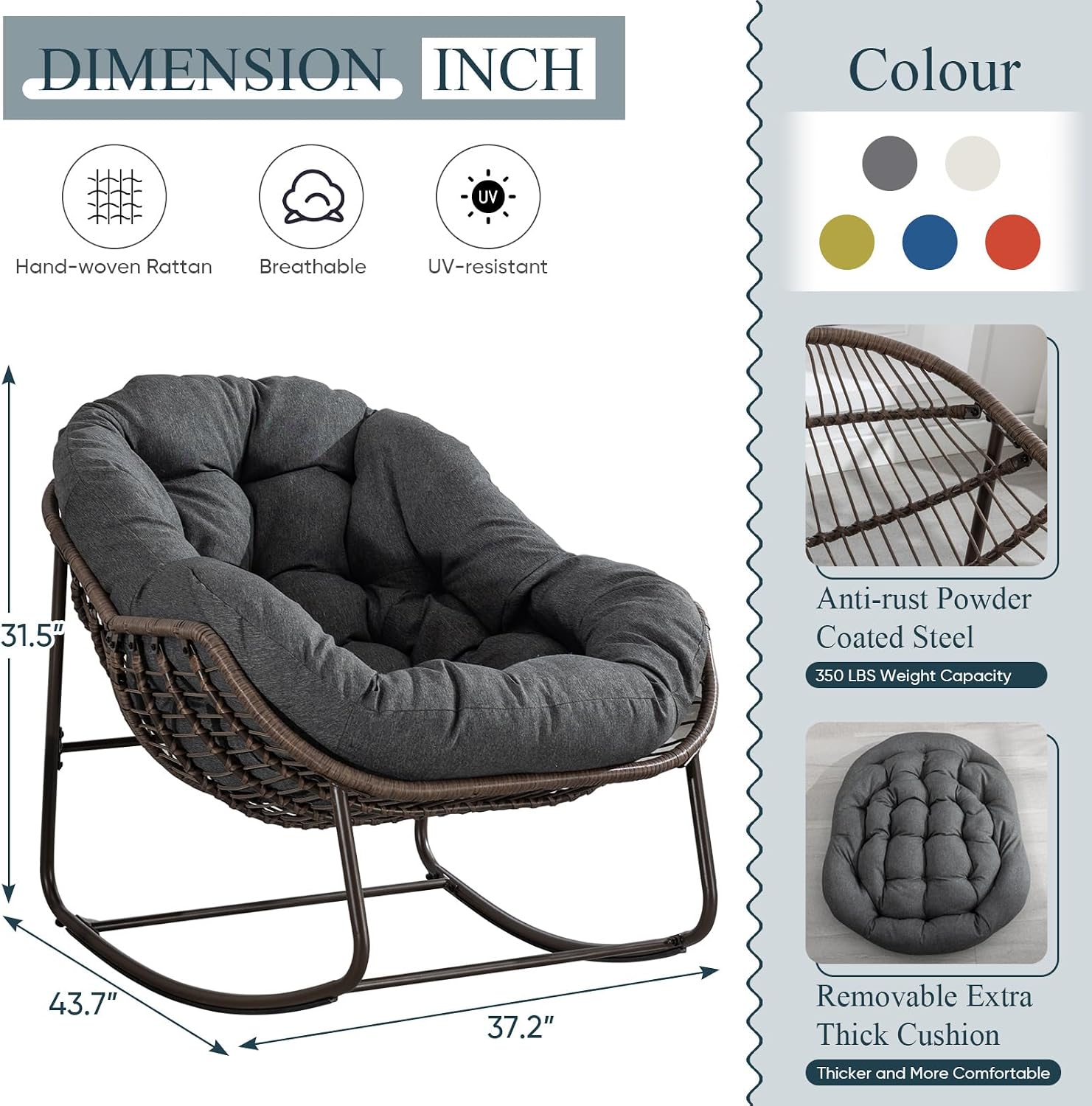 Outdoor Rocking Chair, Patio Oversized Wicker Egg Rocking Chair, Indoor & Outdoor Comfy Rocker Chair with Thick Cushion, Modern Lounge Chair for Balcony, Front Porch, Garden, Backyard, Deck, Grey