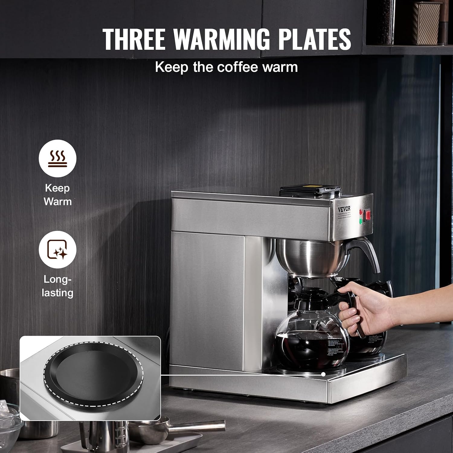 VEVOR 12 Cups Commercial Drip Coffee Maker, Coffee Maker Machine with 3 Glass Carafes and 3 Warmer Plates, Stainless Steel Pour Over Coffee Brewer for Restaurant, Office, Cafe