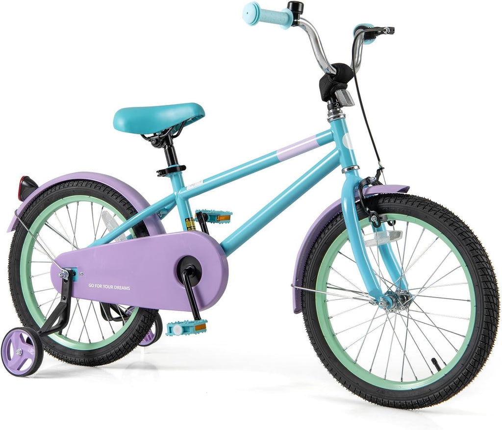 BABY JOY Colorful Macarons Kids Bike, 12 14 16 18 Inch Sporty Children's Bicycle with Training Wheels, Adjustable Handlebar & Saddle, Handbrake & Coaster Brake, Boys Girls Bike for 3-8 Years Old