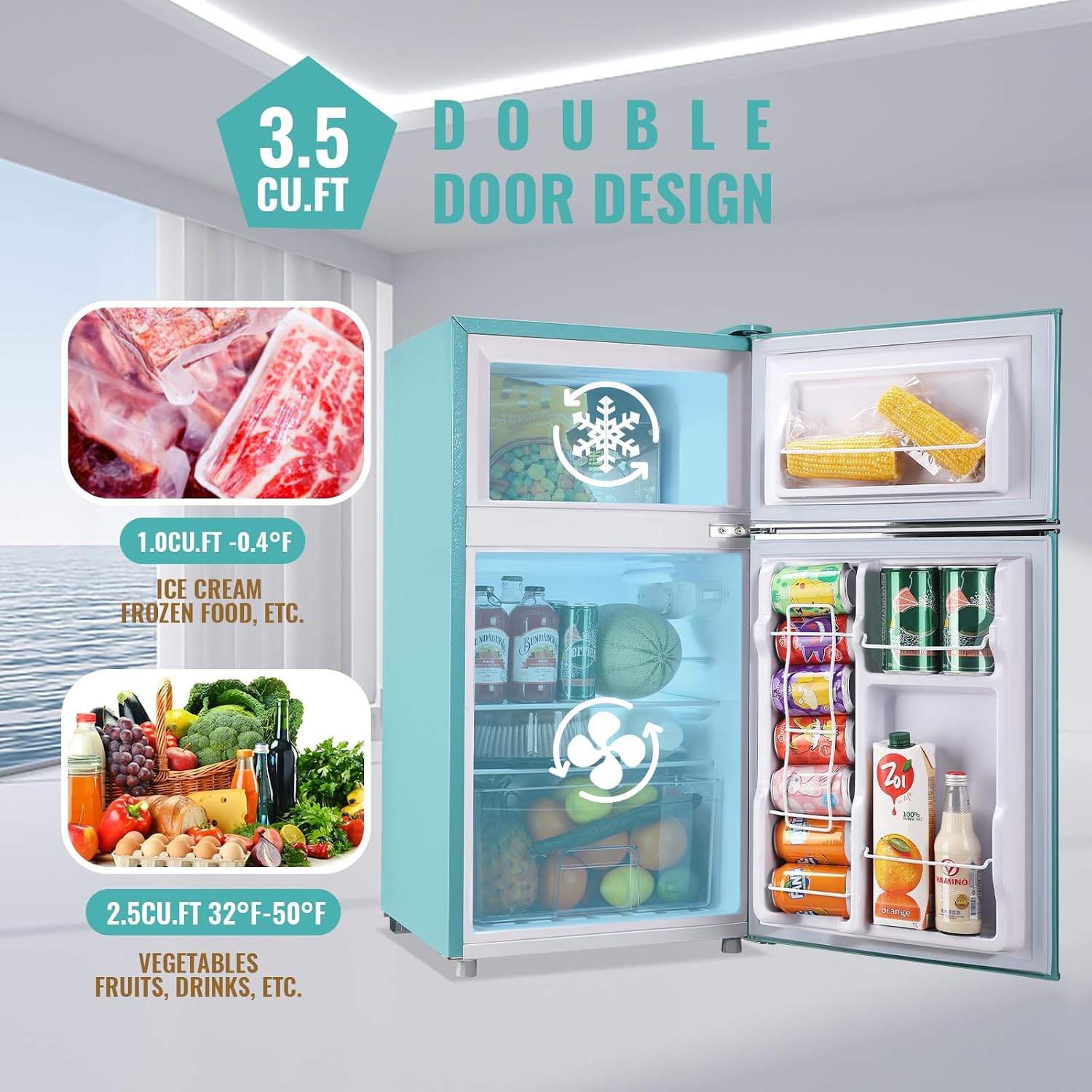 WANAI Compact Mini Refrigerator Small Refrigerator with Freezer, Retro Mini Fridge with Dual Door,7 Adjustable Thermostat, Adjustable Shelves For Dorm, Office Bedroom, Blue