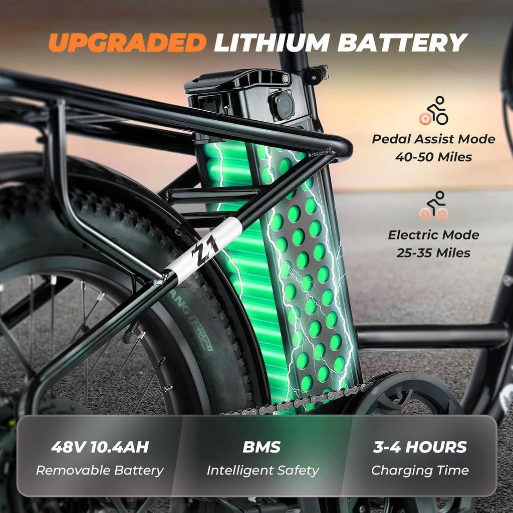 1000W Electric Bike for Adults, Fat Tire Ebikes 20' x 3.0 Electric Bicycle, 50-Mile Long Range, 48V Removable Battery Shock Absorber, 7-Speed Dual Disc Brakes Full Suspension Suitable for Commuting