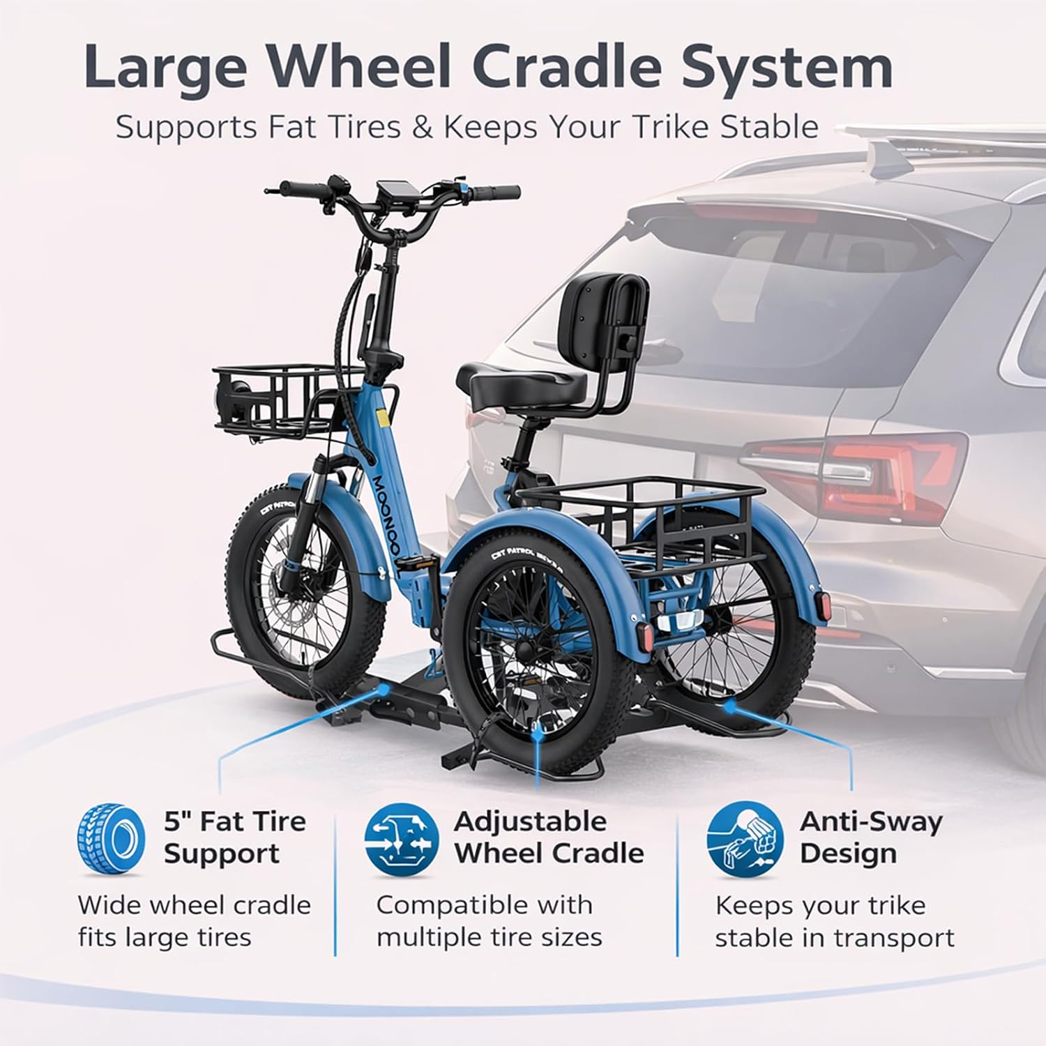 MOPHOTO Heavy-Duty Folding Trike Rack for Adult Tricycles, 170 lbs Hitch Mount Carrier, Fits 5' Fat Tires & 42.1'–59' Wheelbase, Rear Trike Rack with 2' Receiver for Cars, Trucks, SUVs, RVs