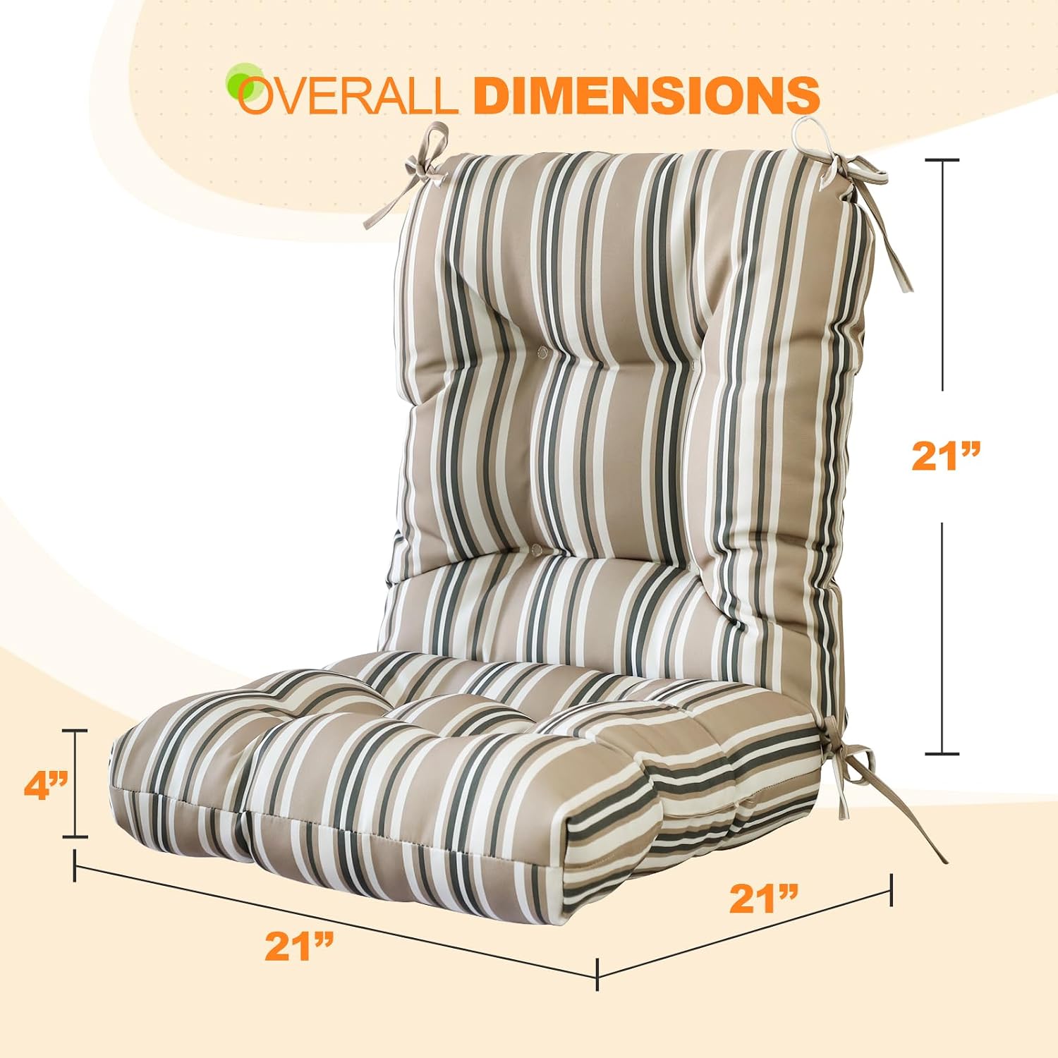 EAGLE PEAK Tufted Outdoor/Indoor Seat/Back Chair Cushions, Set of 2, 42'' x 21'', Beige Stripe