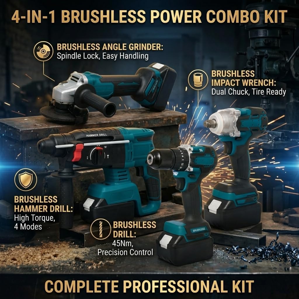 SELFIE CAT 4 Set Brushless Cordless Combo Kit Power Tools, Hammer/Angle Grinder/Impact Wrench/Drill Impact Drill Set, Cordless Drill and Impact Driver Combo With 4 Battery&2 Chargers for Home, DIYers