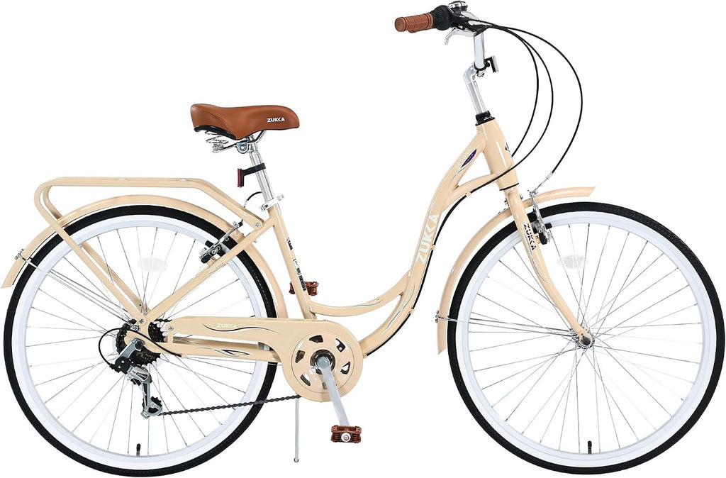 MEGHNA Beach Cruiser Bike Low Step - Through 24 inch/26 inch Bike Elegant Lady Bike V - Brake 7 Speed Cruiser Bike with Rear Rack Bell for Girls Women Senior, Multi-Colors