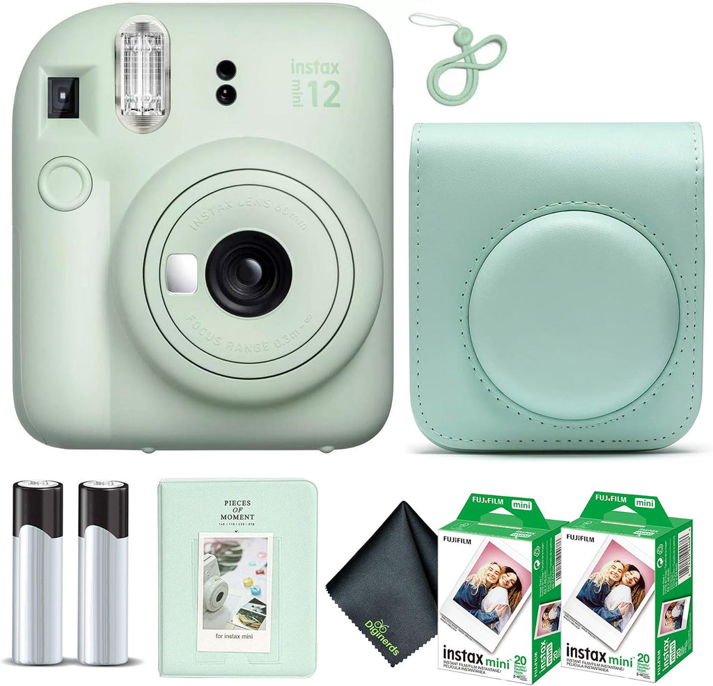 Fujifilm Instax Mini 12 Instant Camera Mint Green Bundle with Fuji Instax Mini Film Value Pack (40 Sheets) + Protective Carrying Case + Photo Album + Microfiber Cleaning Cloth