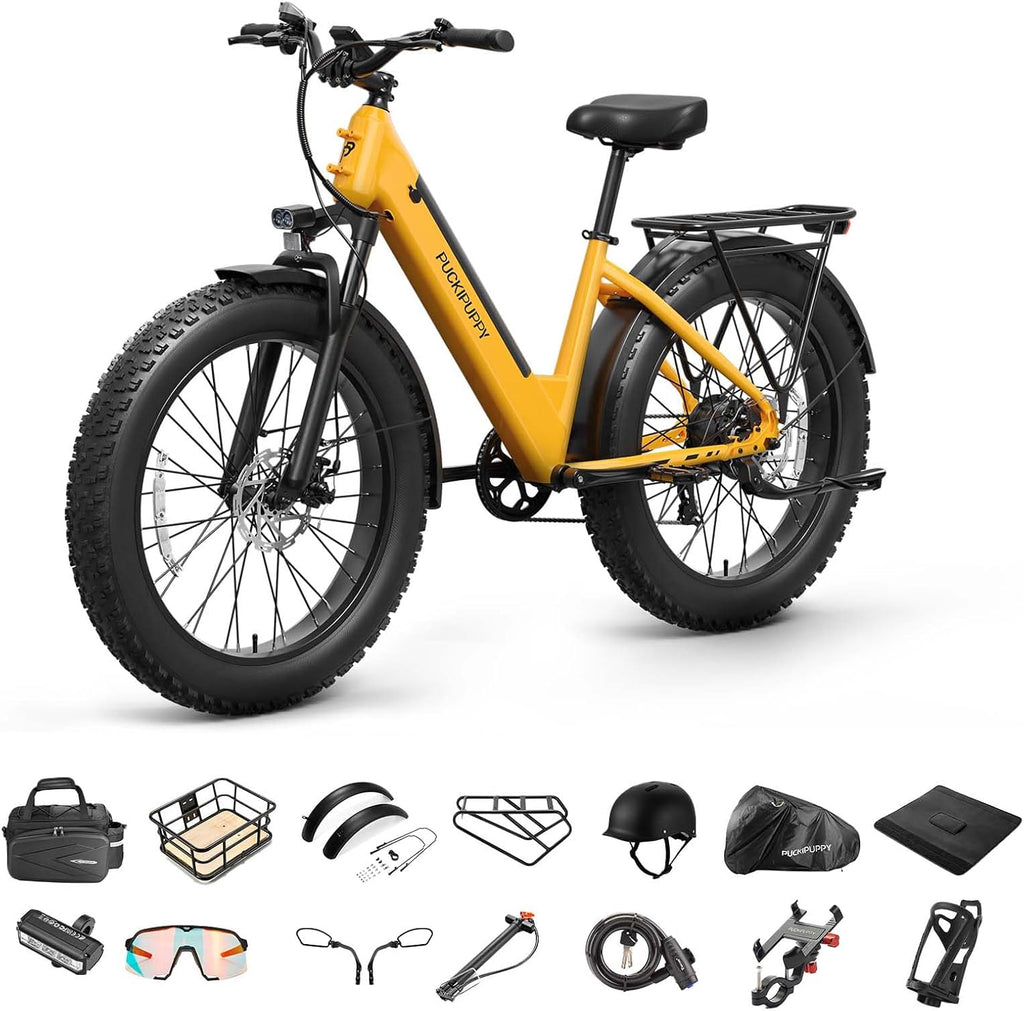 Electric Bike for Adults + A Luxury Accessory Pack , 48V 15AH Removable Battery Electric Bicycle, 28MPH Commuter E-Bike, 7 Speed, 60 Miles Range, All Terrain 26' Fat Tire Front Suspension, Samoyed