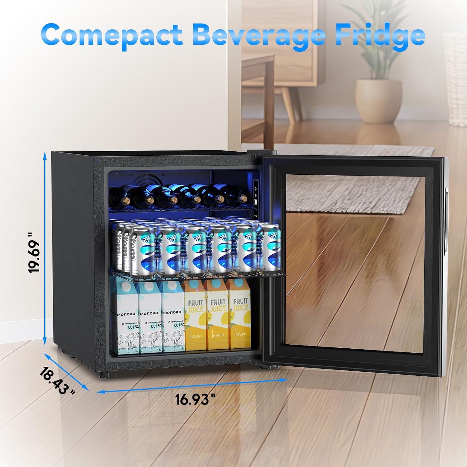 Velivi Mini Fridge with Glass Door-Small Fridge Desk Beverage Cooler with Lock for Beer Drinks 1.4 Cu.Ft Countertop Beverage Fridge with Adjustable Shelves, Led Light for Bedroom/Office/Dorm